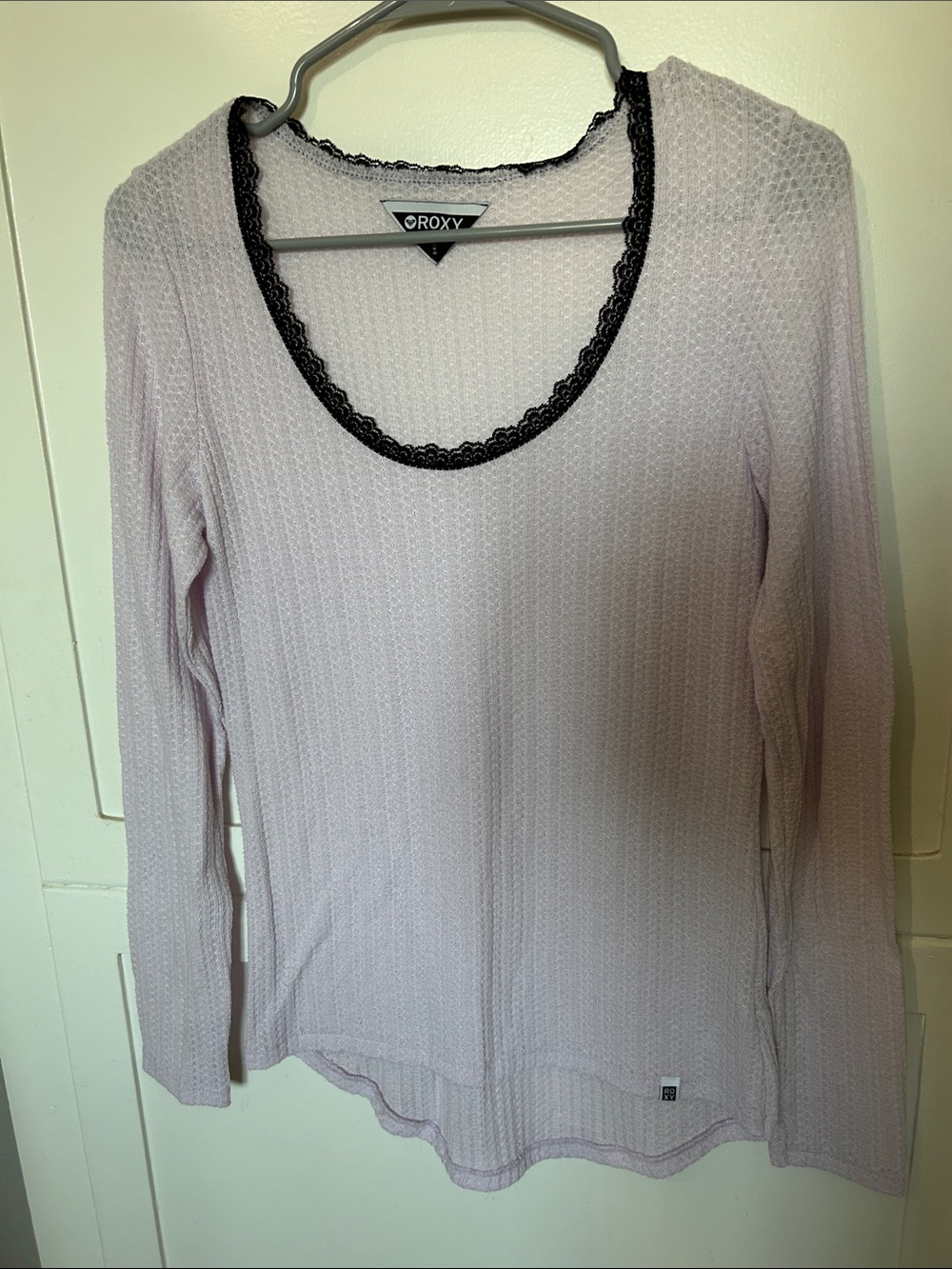Roxy Lavender Long Sleeve Scoop Neck Top with Black Lace Trim